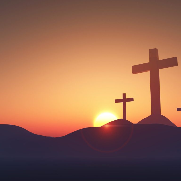 3D render of a Good Friday landscape with crosses against a sunset sky